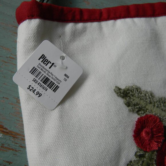 NWT PIER 1 EMBROIDERED  CHRISTMAS HOLLY BERRIES STOCKING - Picture 2 of 3